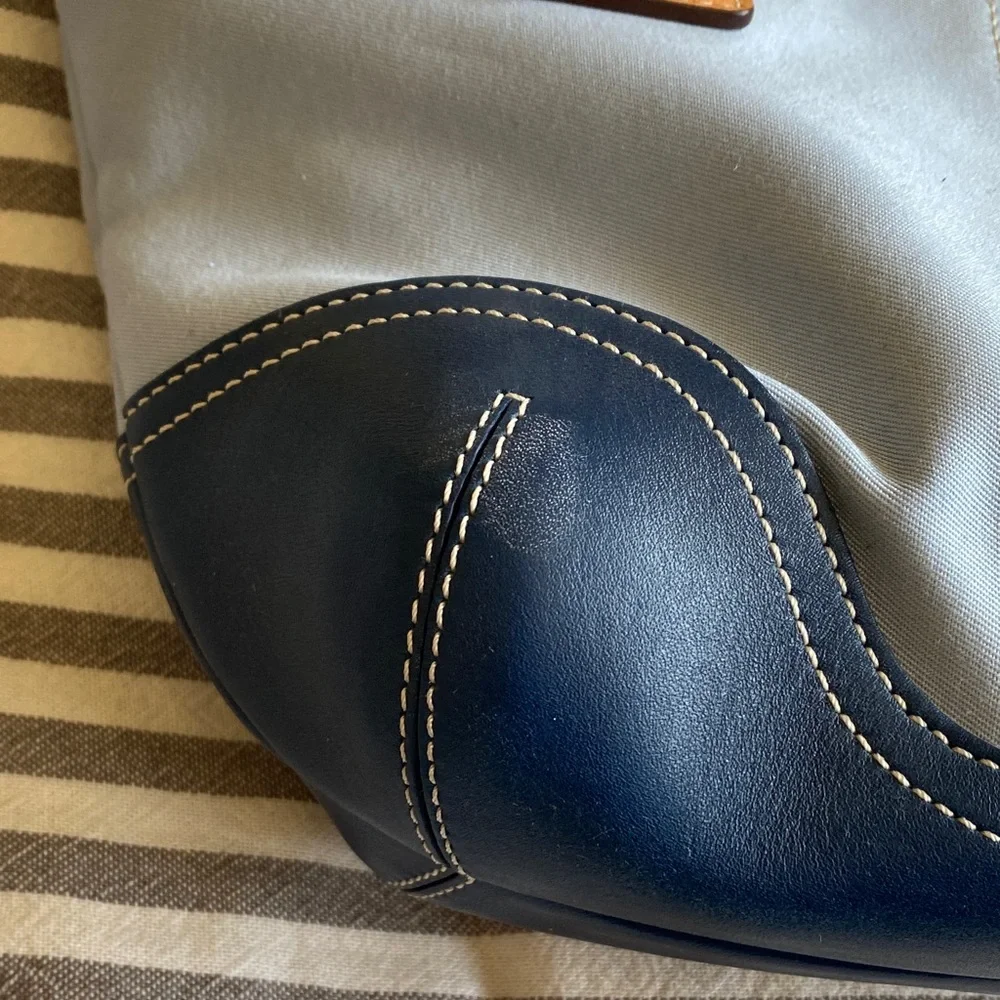 Coach Light Blue and Navy Leather Shoulder Tote with Tan Handles
